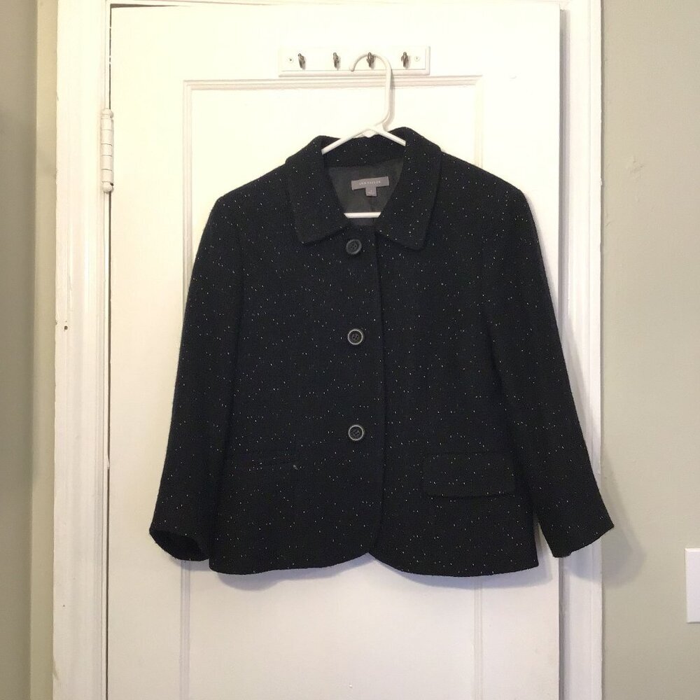 Ann Taylor Blazer Size 12 Black White Flecked 3/4 Sleeves Pockets Wool Blend - Picture 2 of 7